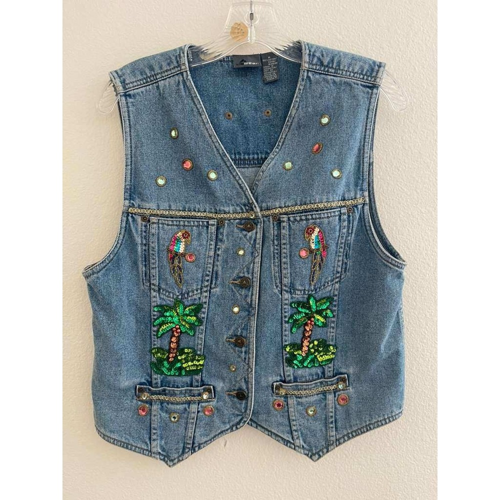 Lizwear Womens Medium Denim Vest Sequin Palm Tree Parrot Tropical Blue V-Neck